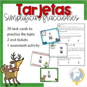 Simplificar fracciones tarjetas problemas formato Navidad