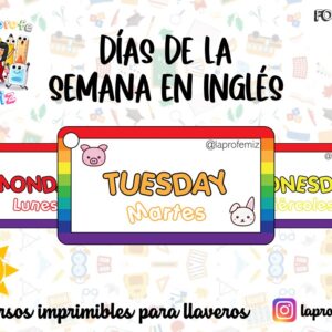 DÍAS DE LA SEMANA EN INGLÉS IMPRIMIBLE PARA LLAVERO.
