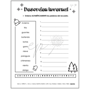 Fichas descargables sobre el invierno: sopa de letras, orden alfabético y orden de letras