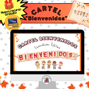 Cartel con la frase “Bienvenidos” (temática libros)