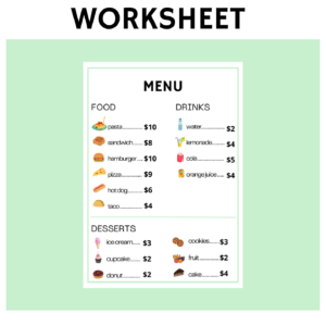 FOOD MENU WORKSHEET