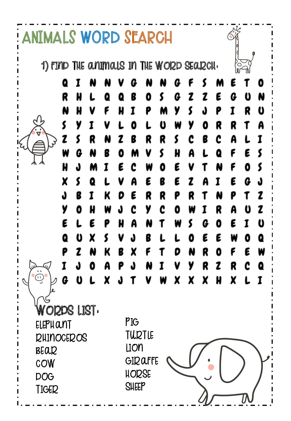 Sopa de letras y vocabulario en inglés sobre animales, emociones y clima para niños