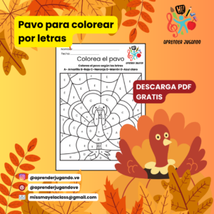 Pavo para colorear por letras - Acción de Gracias
