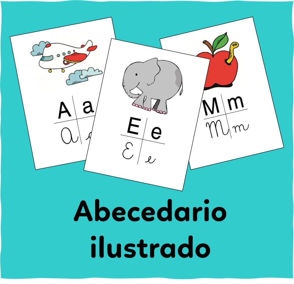 Se muestran 3 láminas del abecedario ilustrado y abajo se lee "abecedario ilustrado"