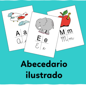 Se muestran 3 láminas del abecedario ilustrado y abajo se lee "abecedario ilustrado"