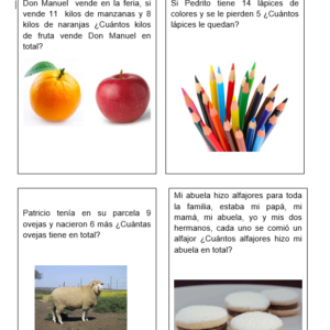 Tarjetas de Problemas Matemáticos: Adiciones y Sustracciones hasta 10 para Primero