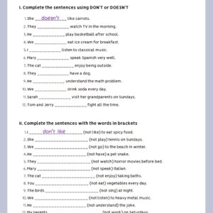 Present Simple Negative Worksheet