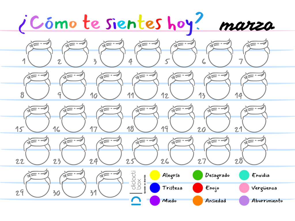 Calendario de emociones marzo niño