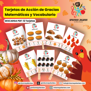 Tarjetas de Acción de Gracias Matemáticas y Vocabulario (español)