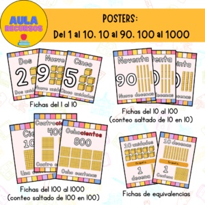 POSTERS: FICHAS DEL 1 AL 10, 10 AL 100 Y DEL 100 AL 1000 (CONTEO SALTADO)