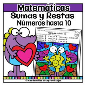 Colorea por Código Sumas y Restas Números hasta 10 Día de San Valentín