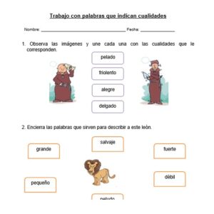 Guía "Palabras que indican cualidades o características" primer y segundo año.